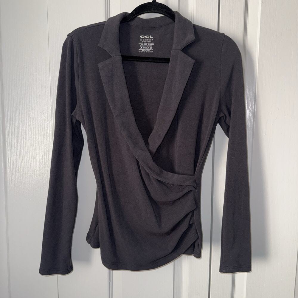 OGL Eco Mousse Wrap Top Women’s M Charcoal Surplice Collared Soft Minimalist Lux